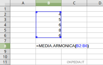 digitare la formula MEDIA.ARMONICA() e l'area dei dati