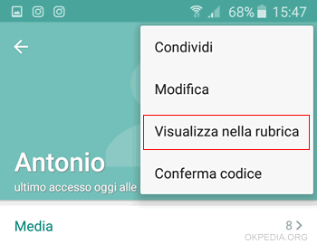 Selezionare la voce di menu Visualizza nella rubrica