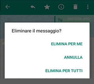 selezionare ELIMINA PER TUTTI per rimuovere il messaggio spedito su Whatsapp entro 7 minuti