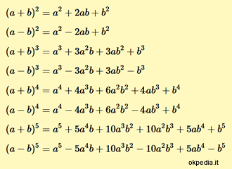 le formule per calcolare la potenza del binomio da 2 a 5