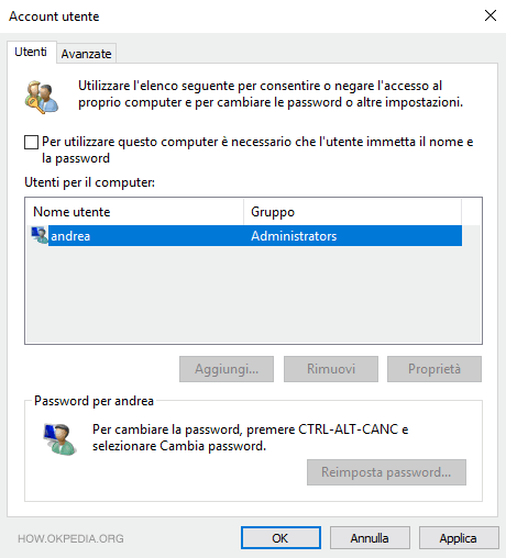 Togliere la spunta vicino la voce Per utilizzare questo computer è necessario che l'utente immetta il nome e la password