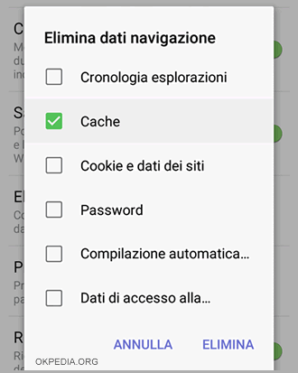 Selezionare Cache e premere su Elimina